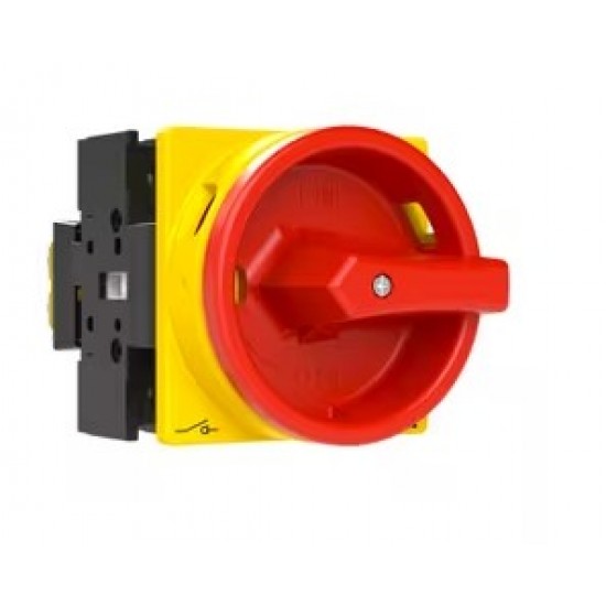 Eaton Moeller® series P1 Main switch, P1, 32 A, flush mounting, 3 pole, Emergency switching off function, With red rotary handle and yellow locking ring, Lockable in the 0 (Off) position