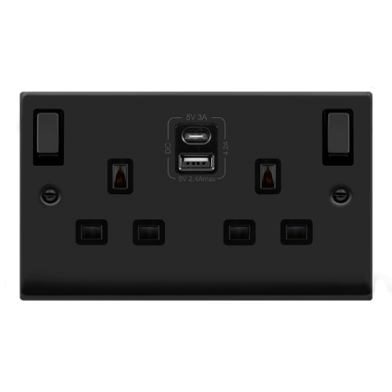 13A INGOT TWIN SOCKET USB+C BLK